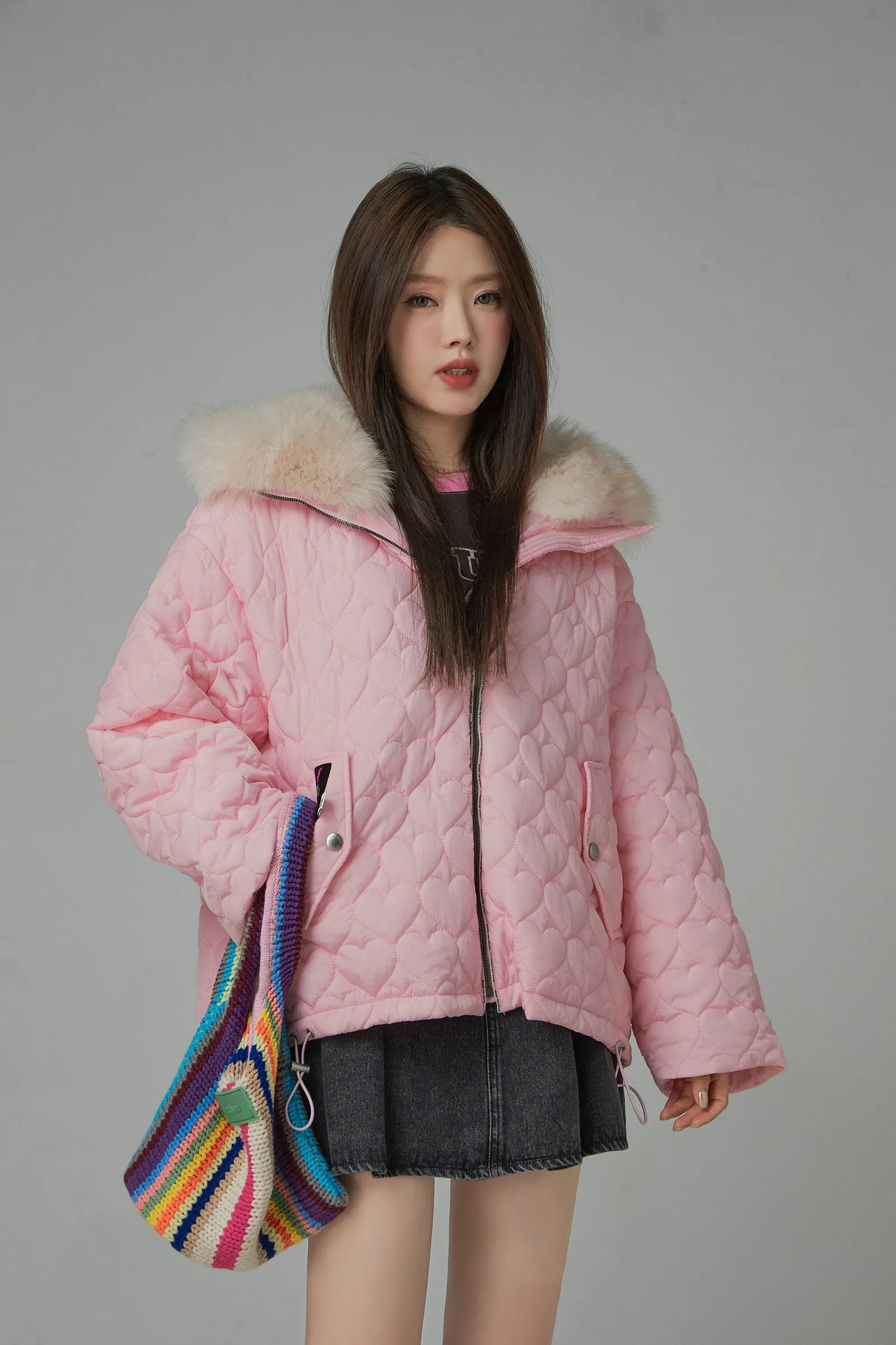 Fur Hoodie Heart Quilted Jacket