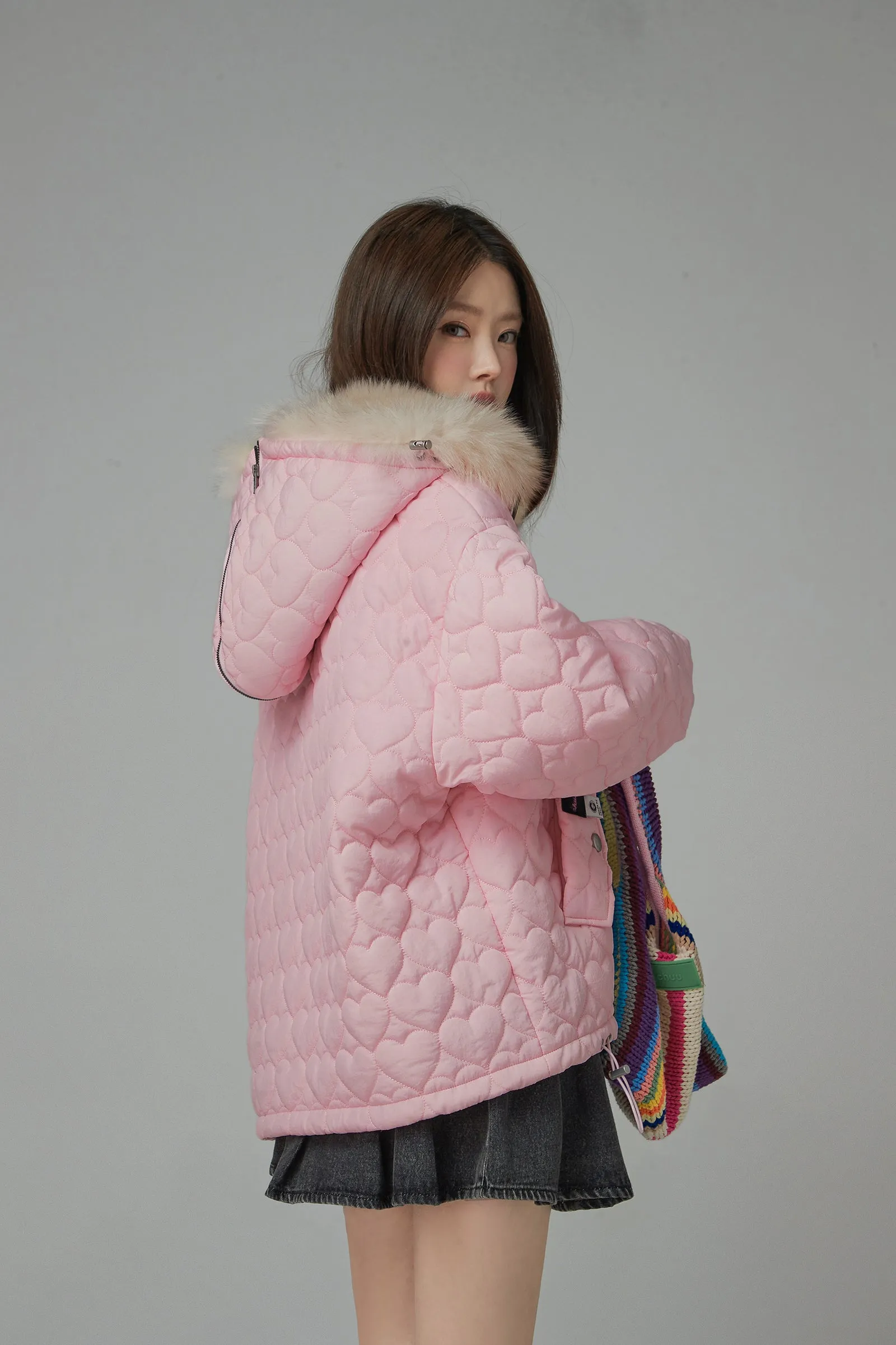 Fur Hoodie Heart Quilted Jacket