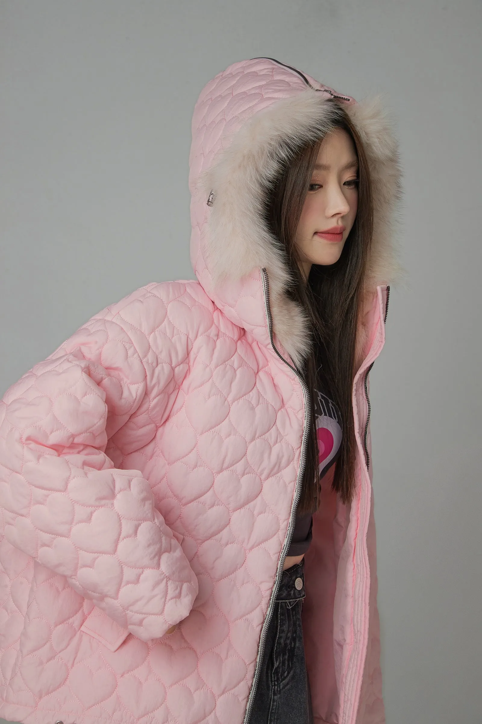 Fur Hoodie Heart Quilted Jacket