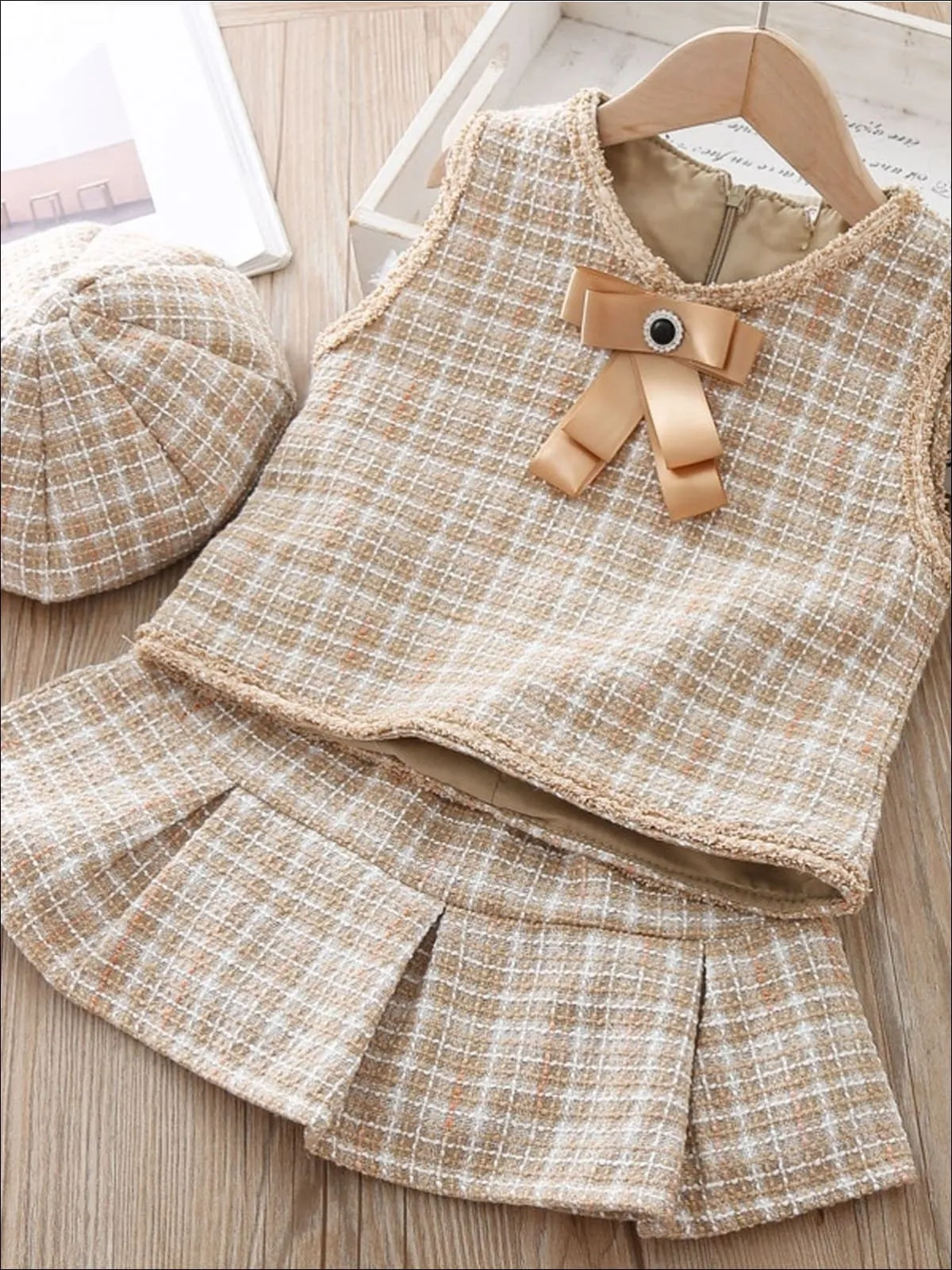 Girls Preppy Boho Tweed Vest, Matching Pleated Skirt and Beret Set