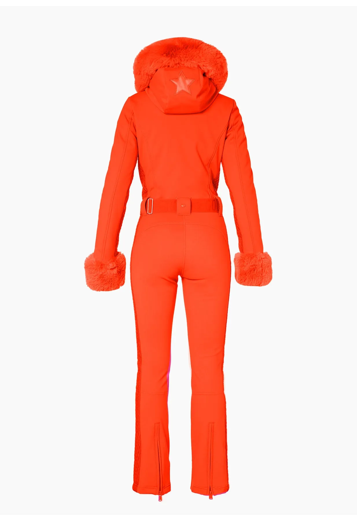 Goldbergh Angele One Piece Ski Suit in Orange with Faux Fur Hood and Cuffs