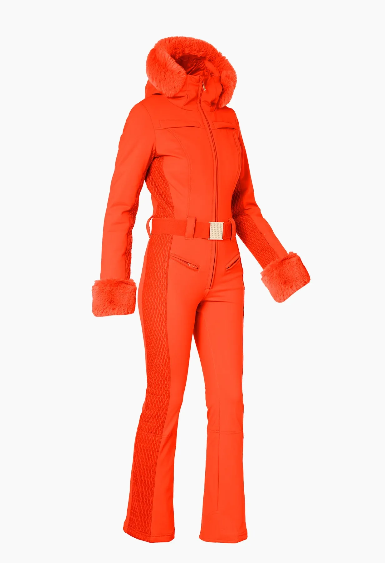 Goldbergh Angele One Piece Ski Suit in Orange with Faux Fur Hood and Cuffs