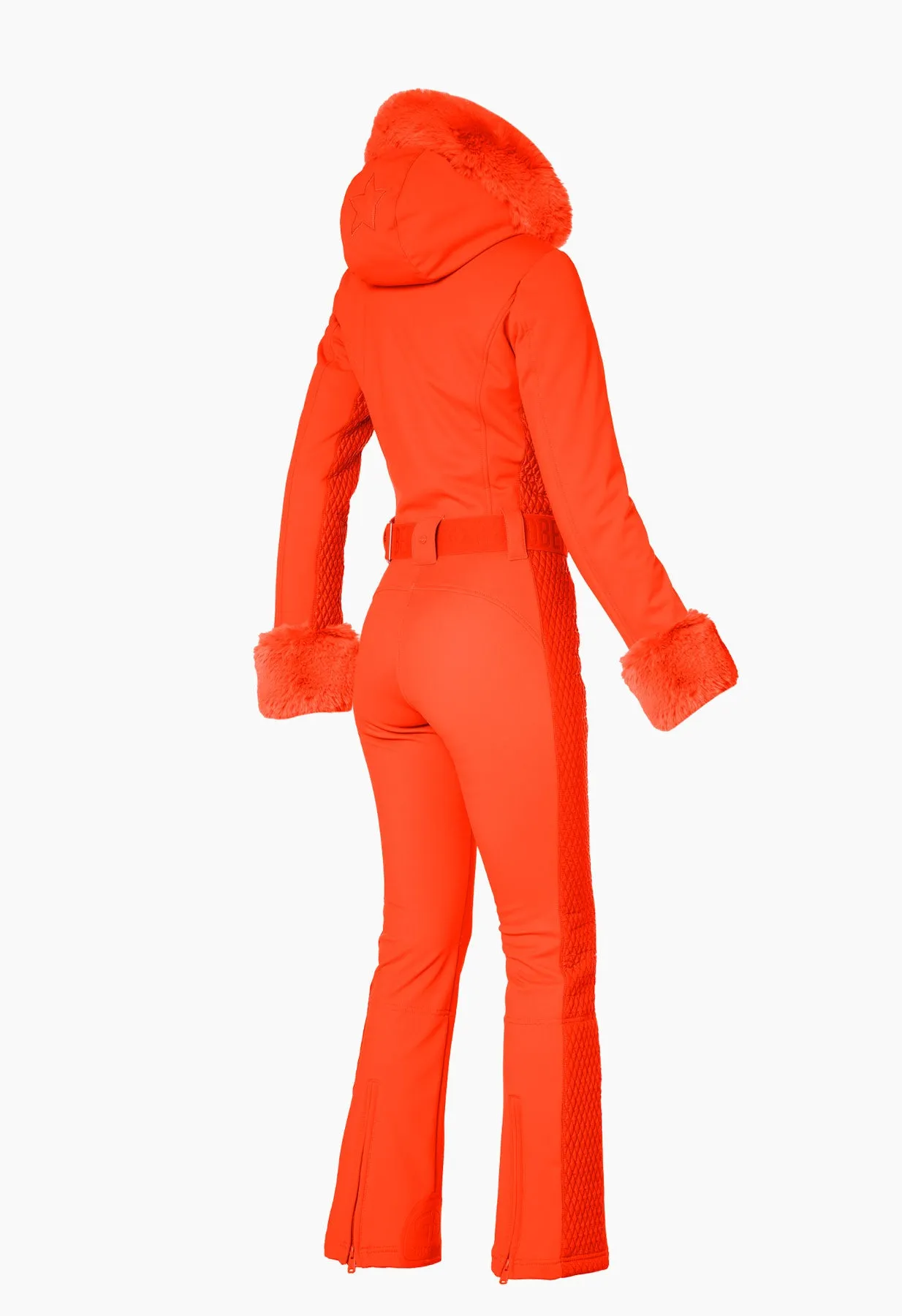 Goldbergh Angele One Piece Ski Suit in Orange with Faux Fur Hood and Cuffs