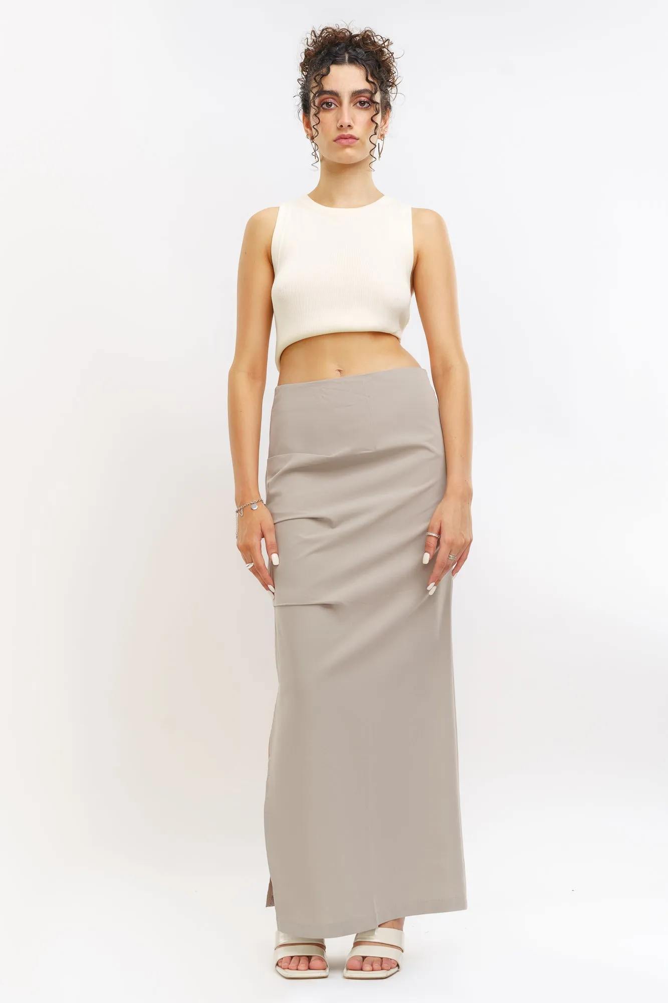 Grey Pleated Slit Skirt