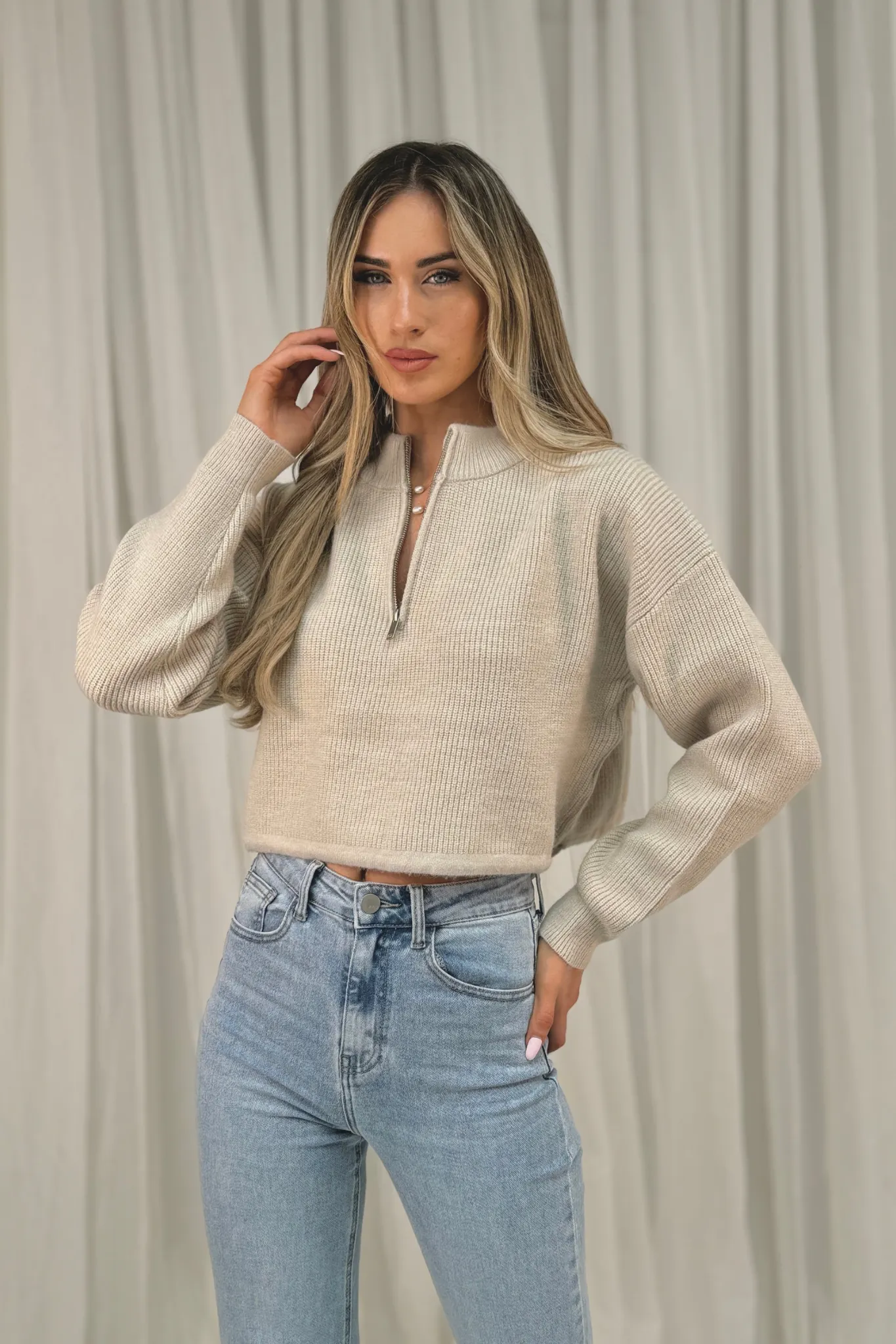 Jane Half Zip Jumper In Neutral