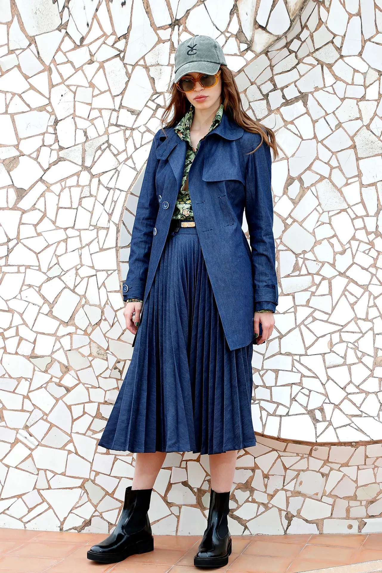 Jeans Coat and Pleated Midi Skirt