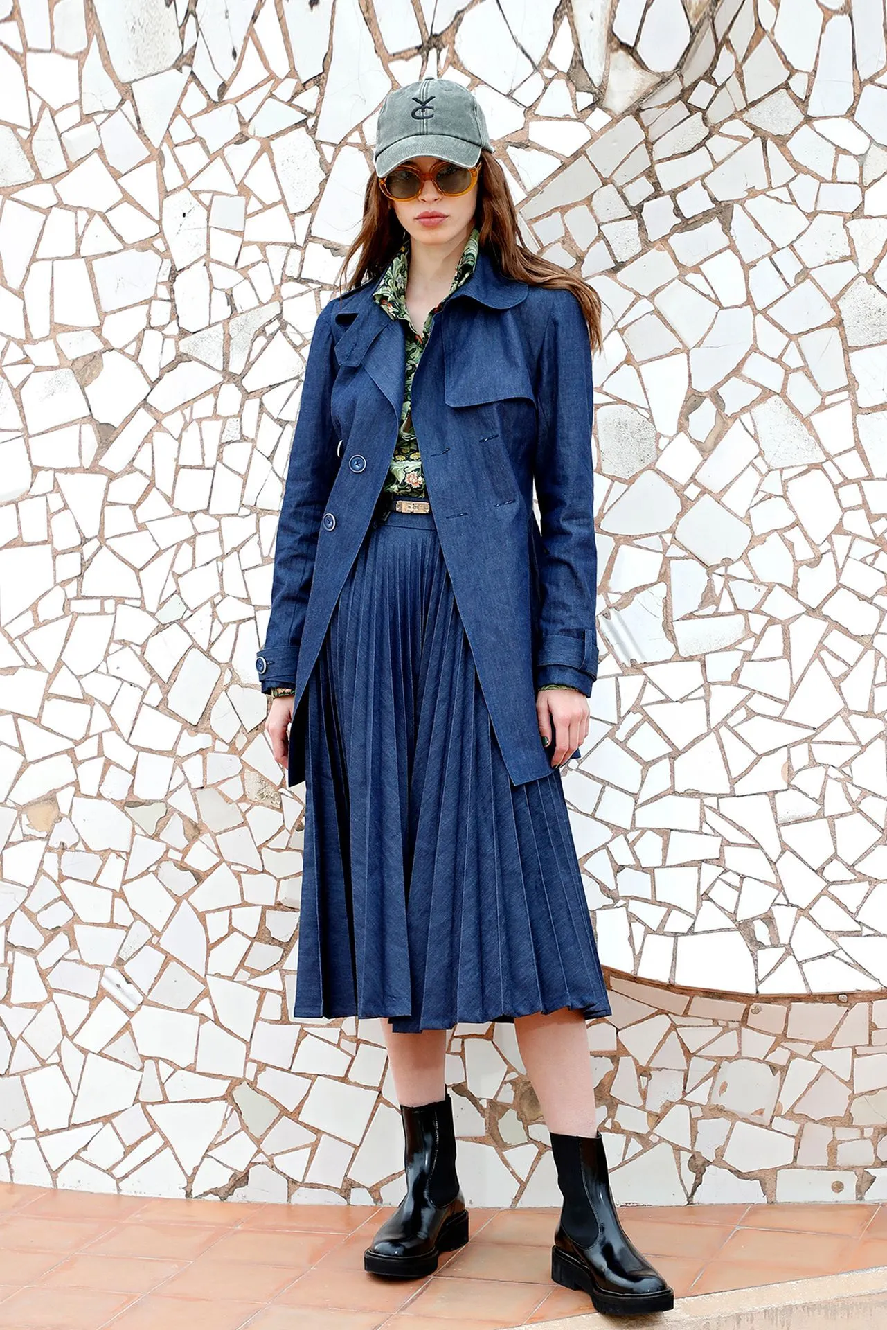 Jeans Coat and Pleated Midi Skirt