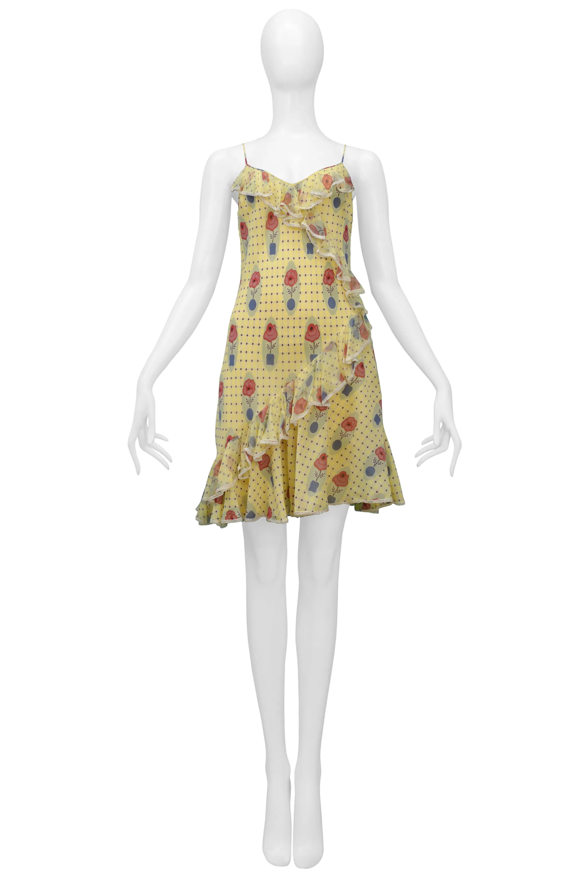 JOHN GALLIANO YELLOW CHECK SLIP DRESS WITH FLOWER POT PATTERN & WHITE LACE TRIM