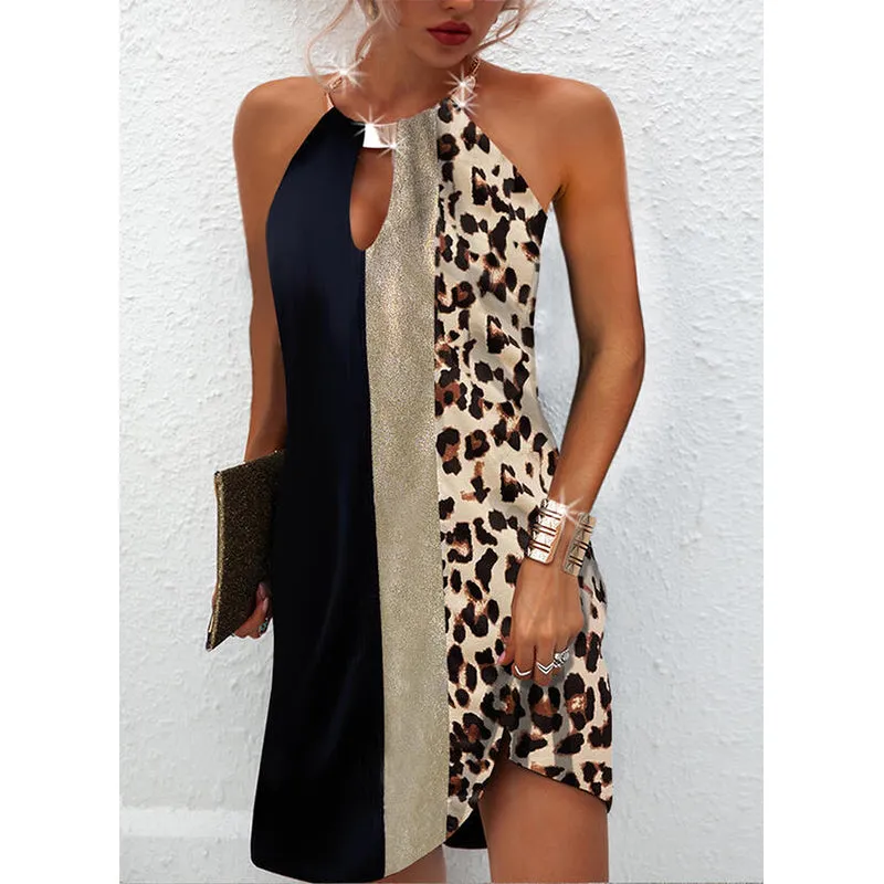 JuliaFashion - 2024 Sexy Halter Neck Leopard Patchwork Printed Sleeveless Mini Dress