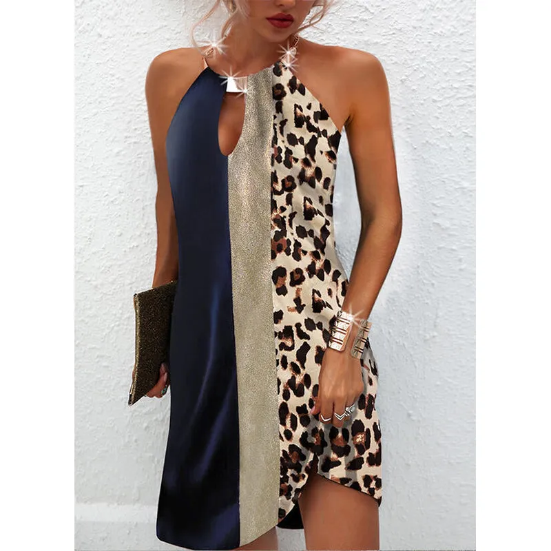 JuliaFashion - 2024 Sexy Halter Neck Leopard Patchwork Printed Sleeveless Mini Dress