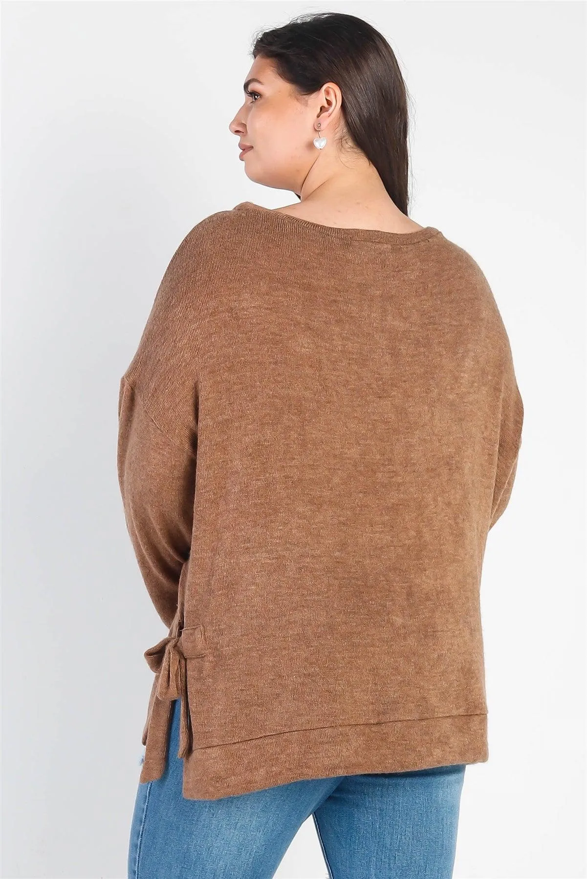 Junior Plus Coffee Knit Side Self-Tie Detail Long Sleeve Top /4-2-1