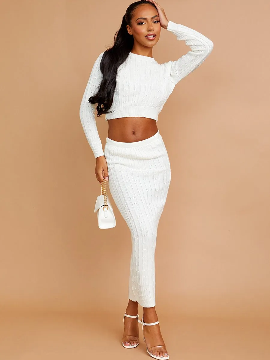 Katy Cable Knit Crop Jumper & Skirt Co-ord In Cream