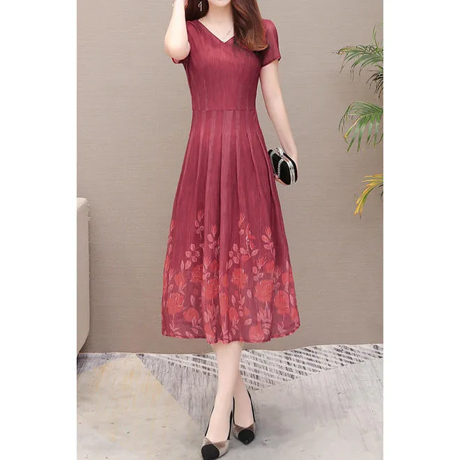 Ketty More Women Beautiful Flower Printed Comfy Short Sleeve V-Neck Dress-KMWDC2558