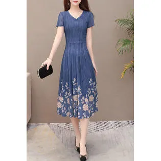 Ketty More Women Beautiful Flower Printed Comfy Short Sleeve V-Neck Dress-KMWDC2558