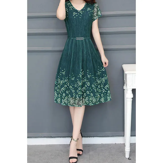 Ketty More Women Beautiful Flower Printed Comfy Short Sleeve V-Neck Dress-KMWDC2558