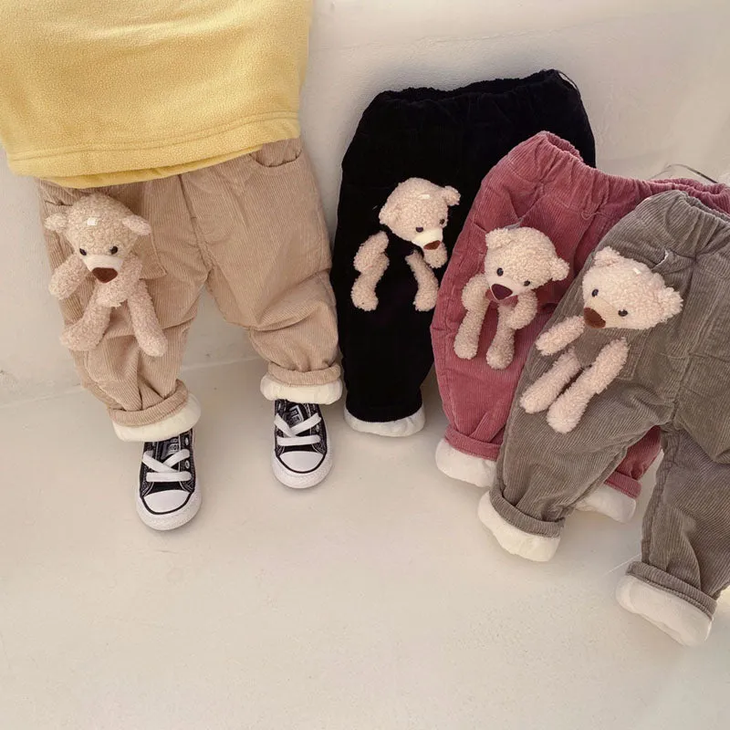 Kids Cotton Long Pants with Cute Bear Unisex Baby Winter Warm Quilted Bottom Trousers