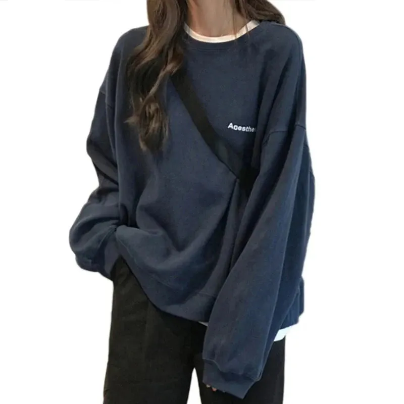 Kpop Letter Hoody Fashion Korean Thin Chic Women's Sweatshirts Cool Navy Blue Gray Hoodies for Women M-XXL