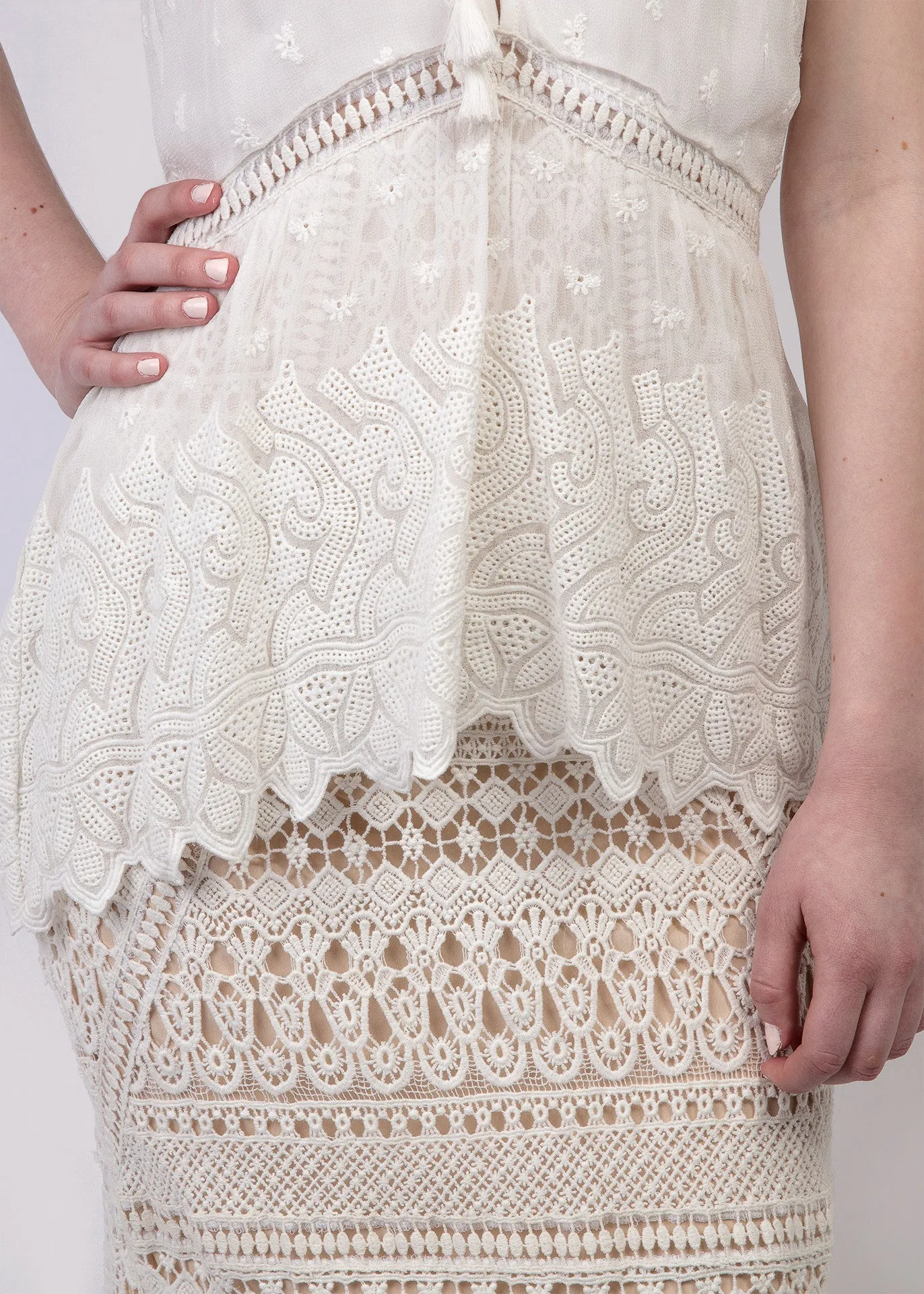 Lace peplum   fringe detail maxi dress