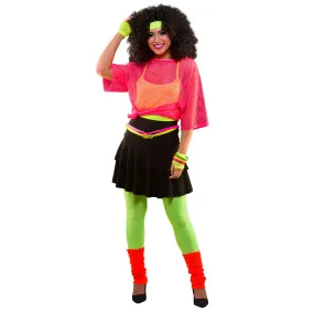 Ladies 80s Neon Ra Ra Skirt Black Decades Party Fancy Dress Costume