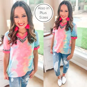 Last Chance Size Small & 2XL | Easily Bright Neon Pink and Leopard Trim V Neck Top in Tie Dye