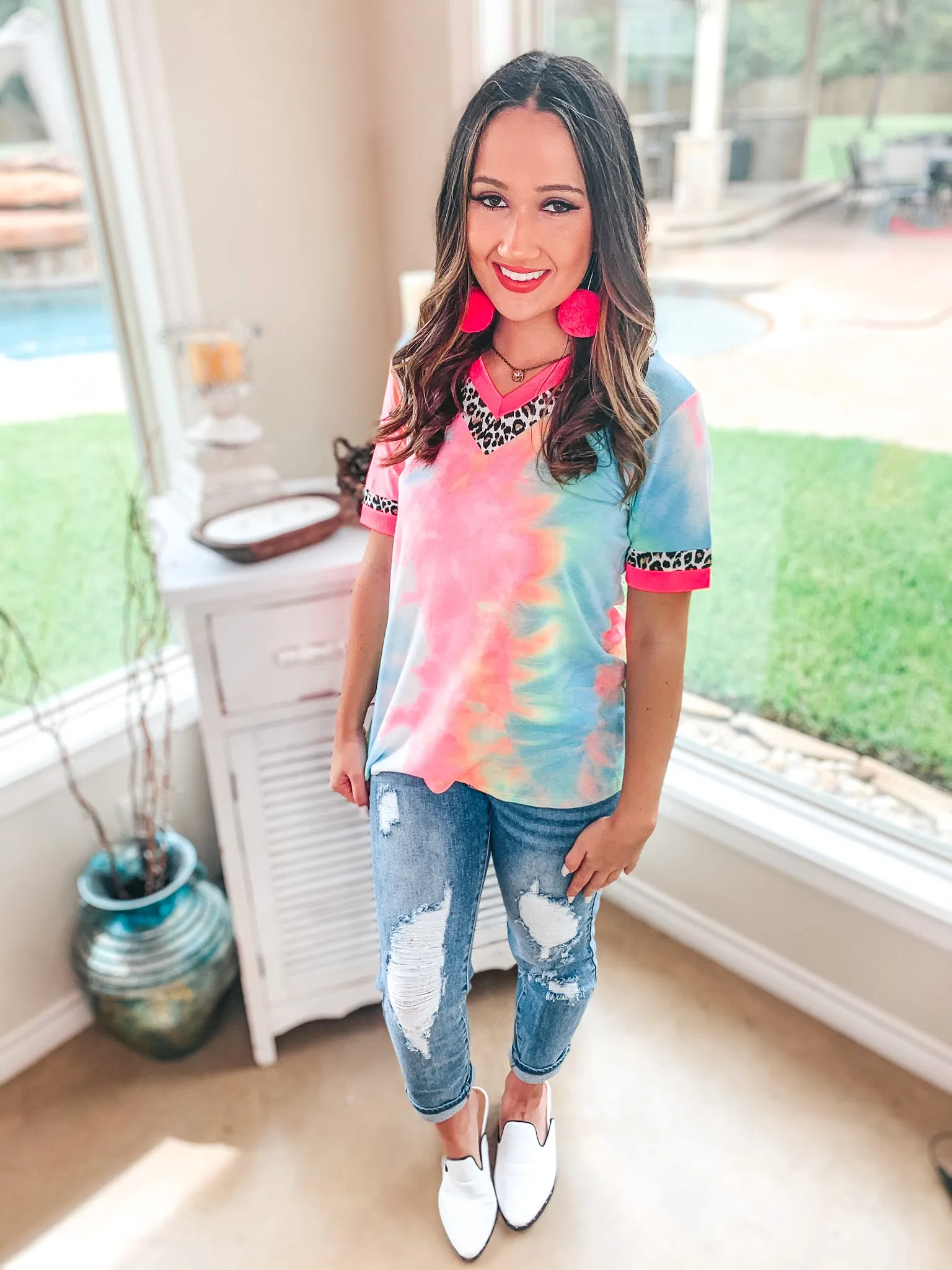 Last Chance Size Small & 2XL | Easily Bright Neon Pink and Leopard Trim V Neck Top in Tie Dye