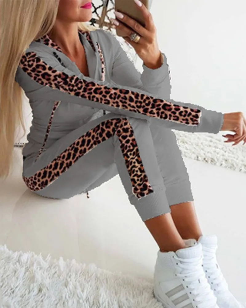 Leopard Print Zippered Hoodie And Trousers Suit