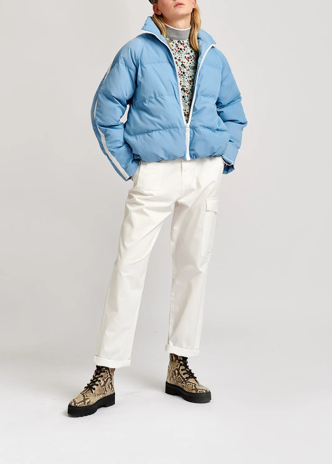 Light blue quilted down jacket