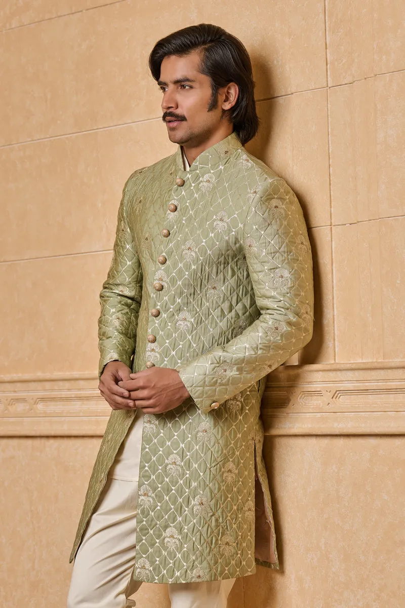 Light Green Fine Brocade Quilted Achkan