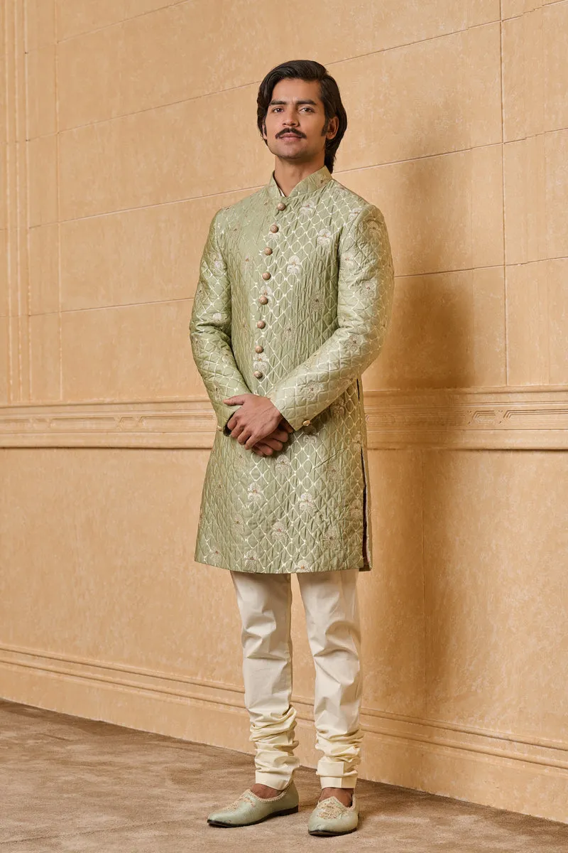 Light Green Fine Brocade Quilted Achkan