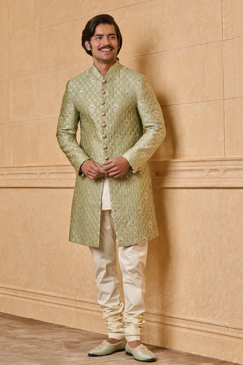 Light Green Fine Brocade Quilted Achkan