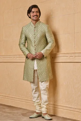 Light Green Fine Brocade Quilted Achkan