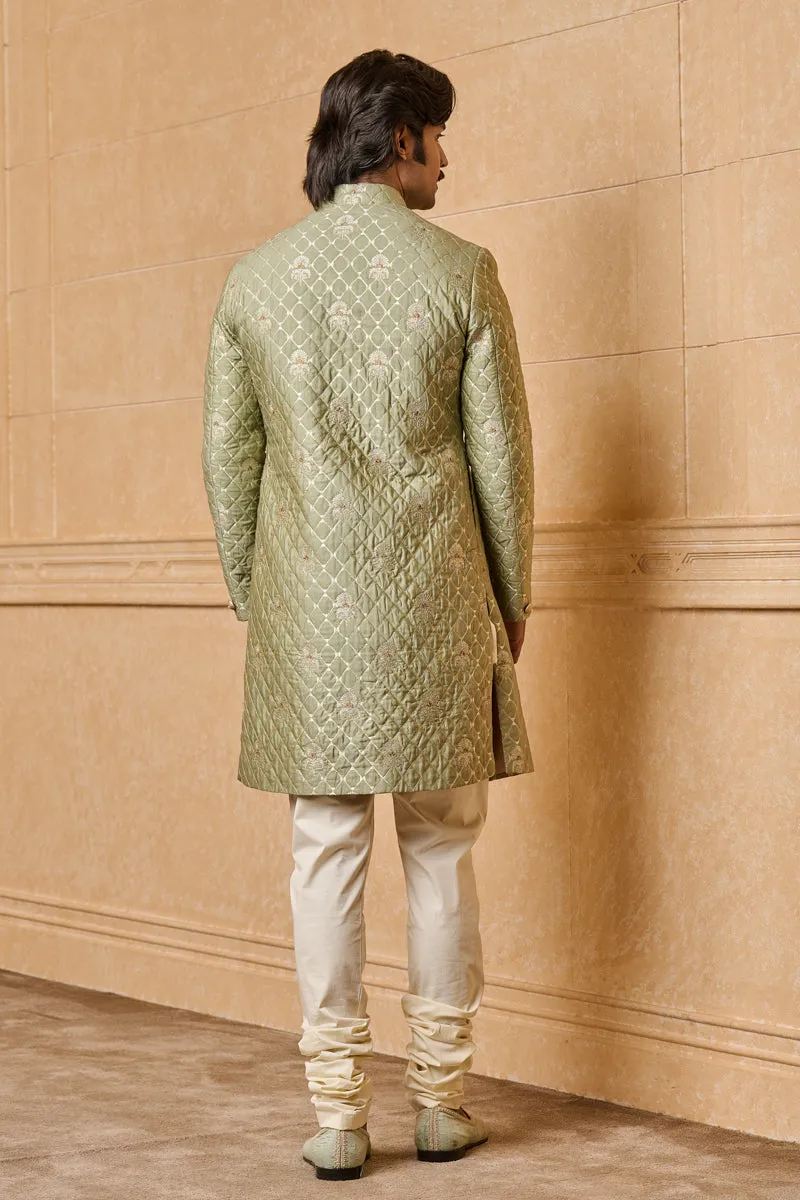 Light Green Fine Brocade Quilted Achkan