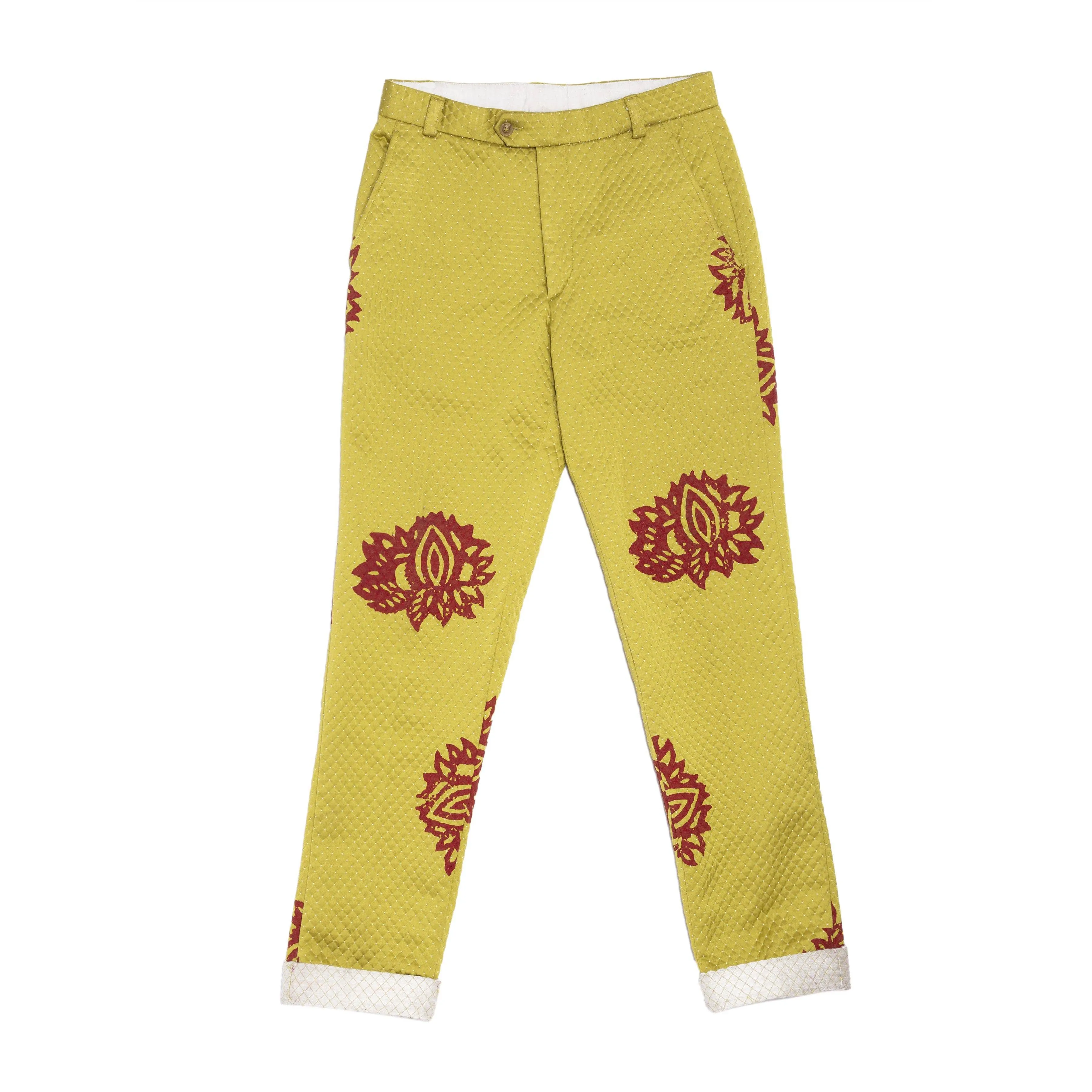 Lime green block printed trousers