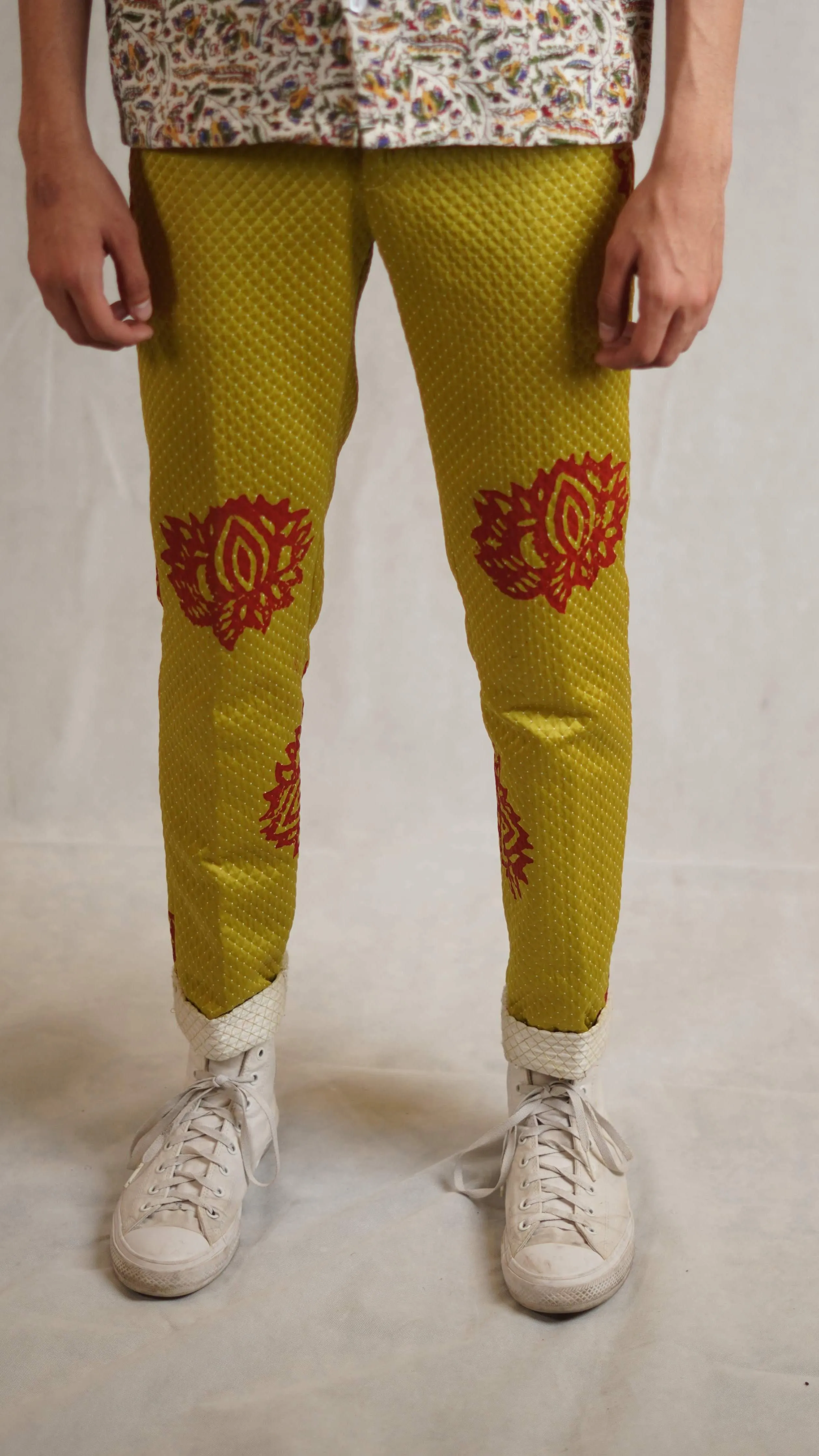 Lime green block printed trousers