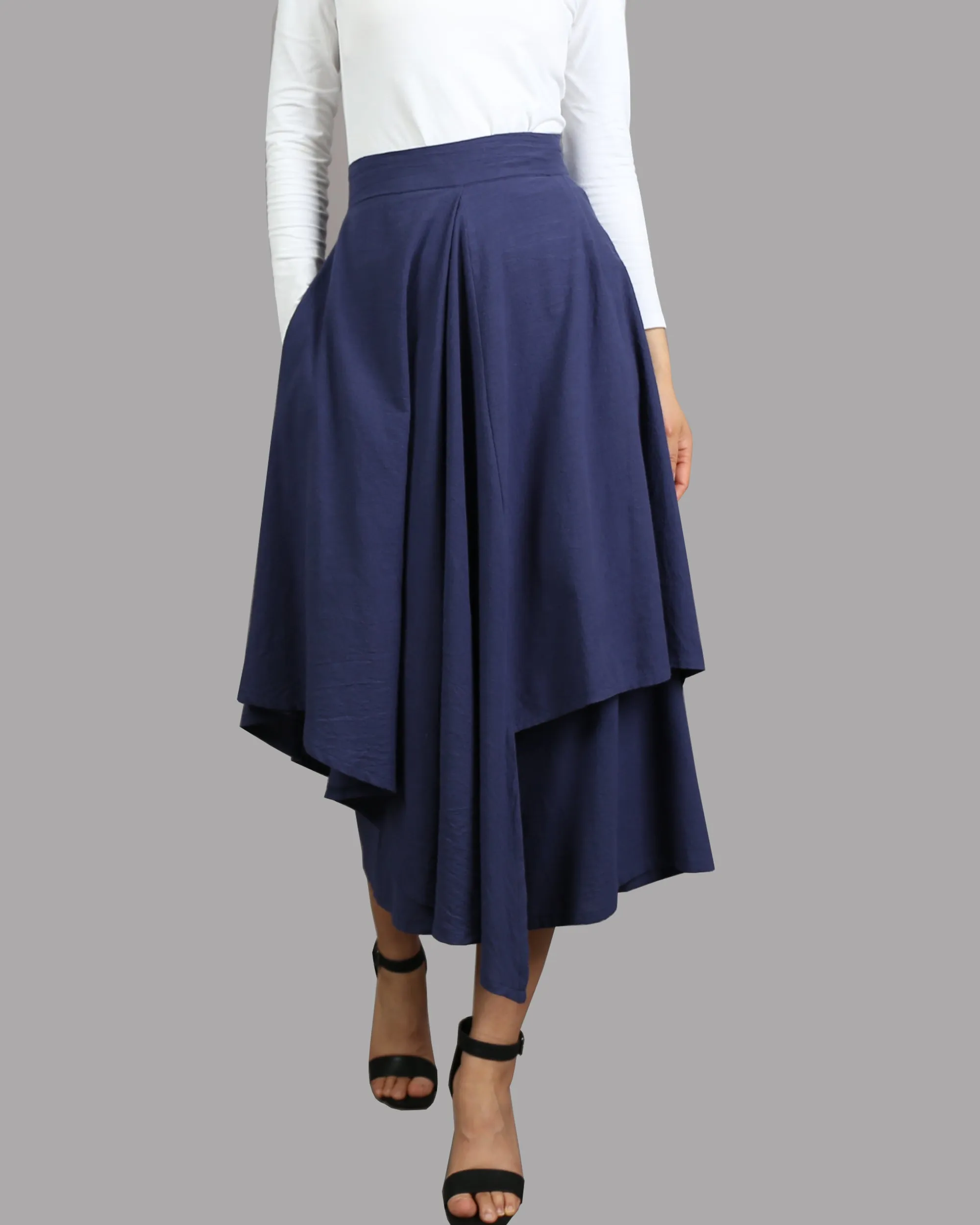 Linen skirt pants/wide leg pants/Cropped pants/Asymmetrical skirt pants/Elastic waist pants/A-line skirt pants/orange skirt/layered pants (K2135Y)