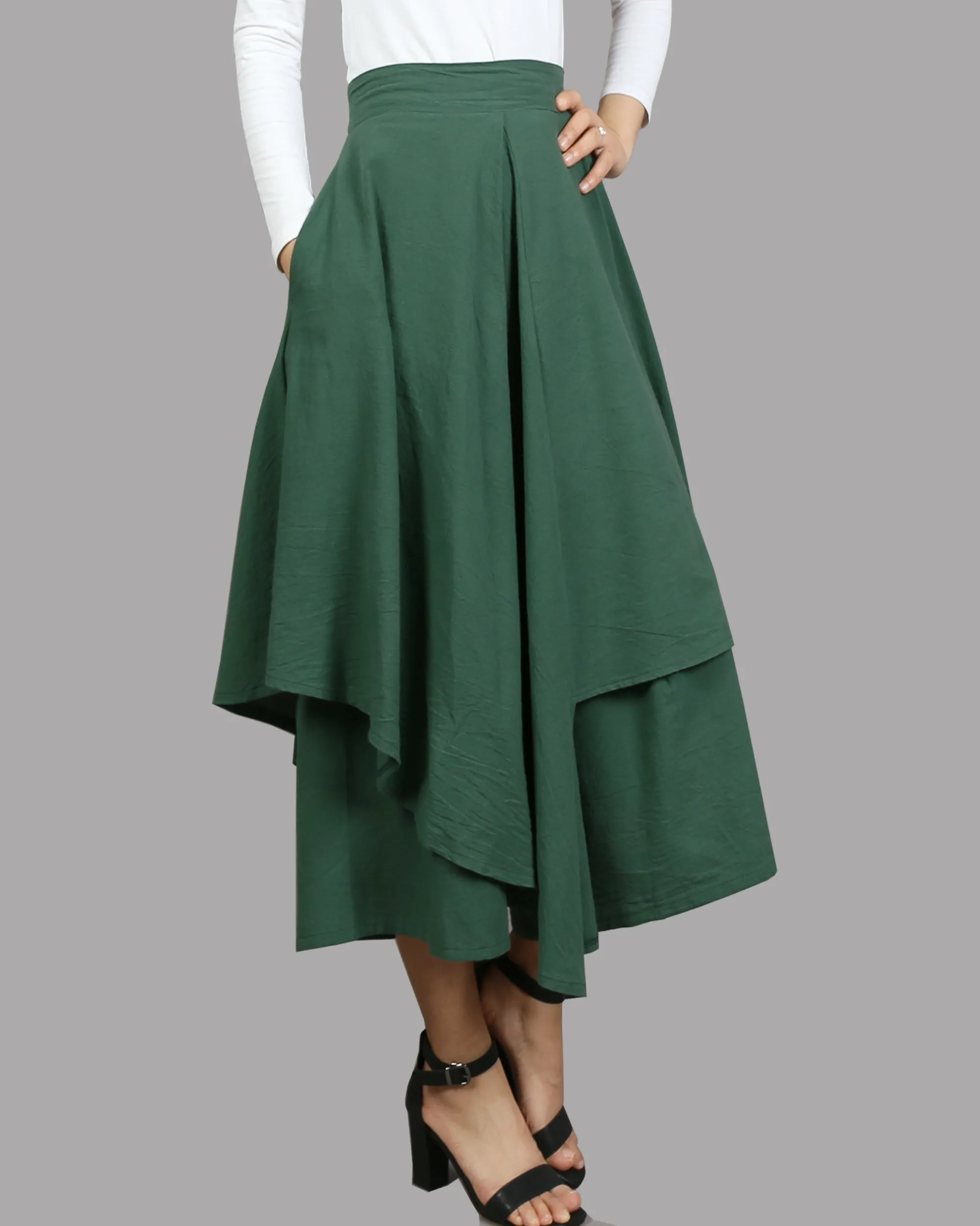 Linen skirt pants/wide leg pants/Cropped pants/Asymmetrical skirt pants/Elastic waist pants/A-line skirt pants/orange skirt/layered pants (K2135Y)