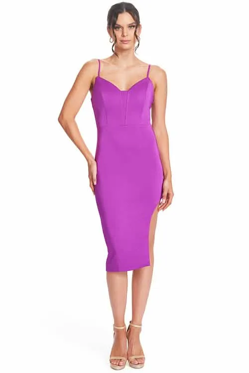 Magenta Satin Midi Dress with Asymmetric Cut-Out and Corset Bodice