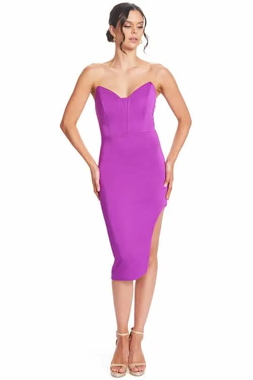 Magenta Satin Midi Dress with Asymmetric Cut-Out and Corset Bodice