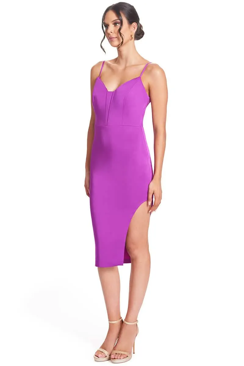 Magenta Satin Midi Dress with Asymmetric Cut-Out and Corset Bodice