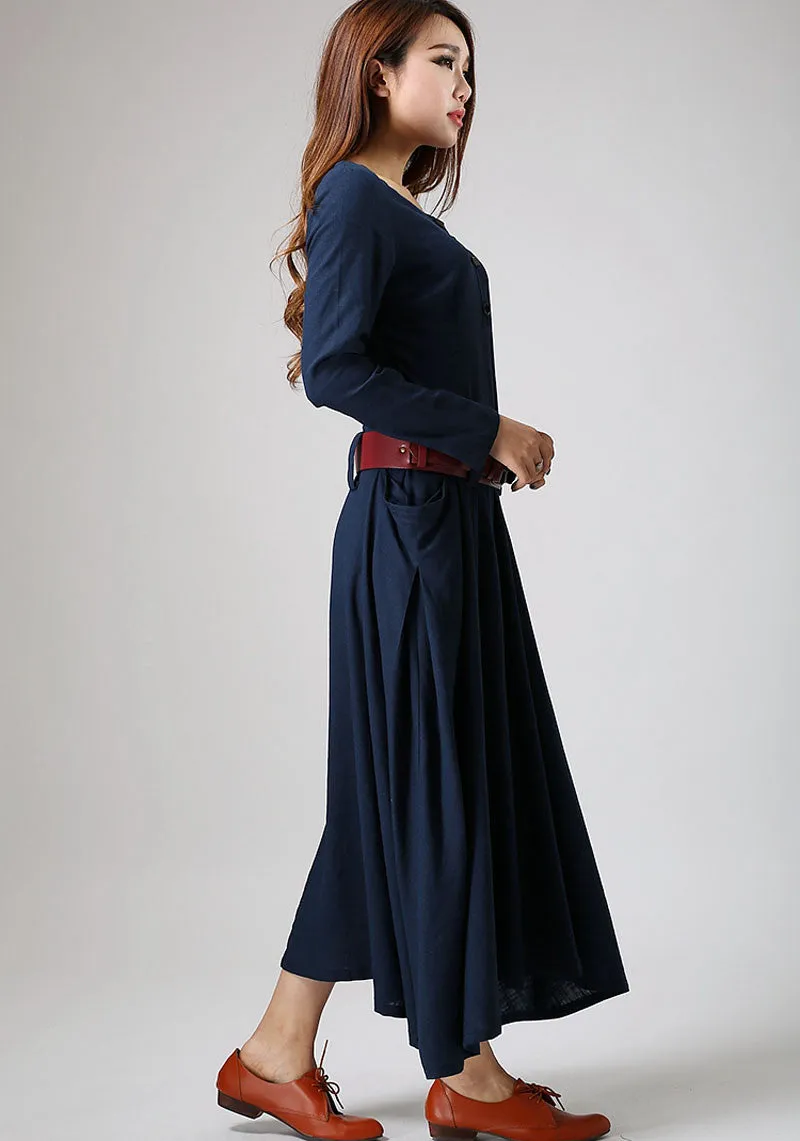 Maxi dress blue linen dress woman's long sleeve dress custom made long dress (890)