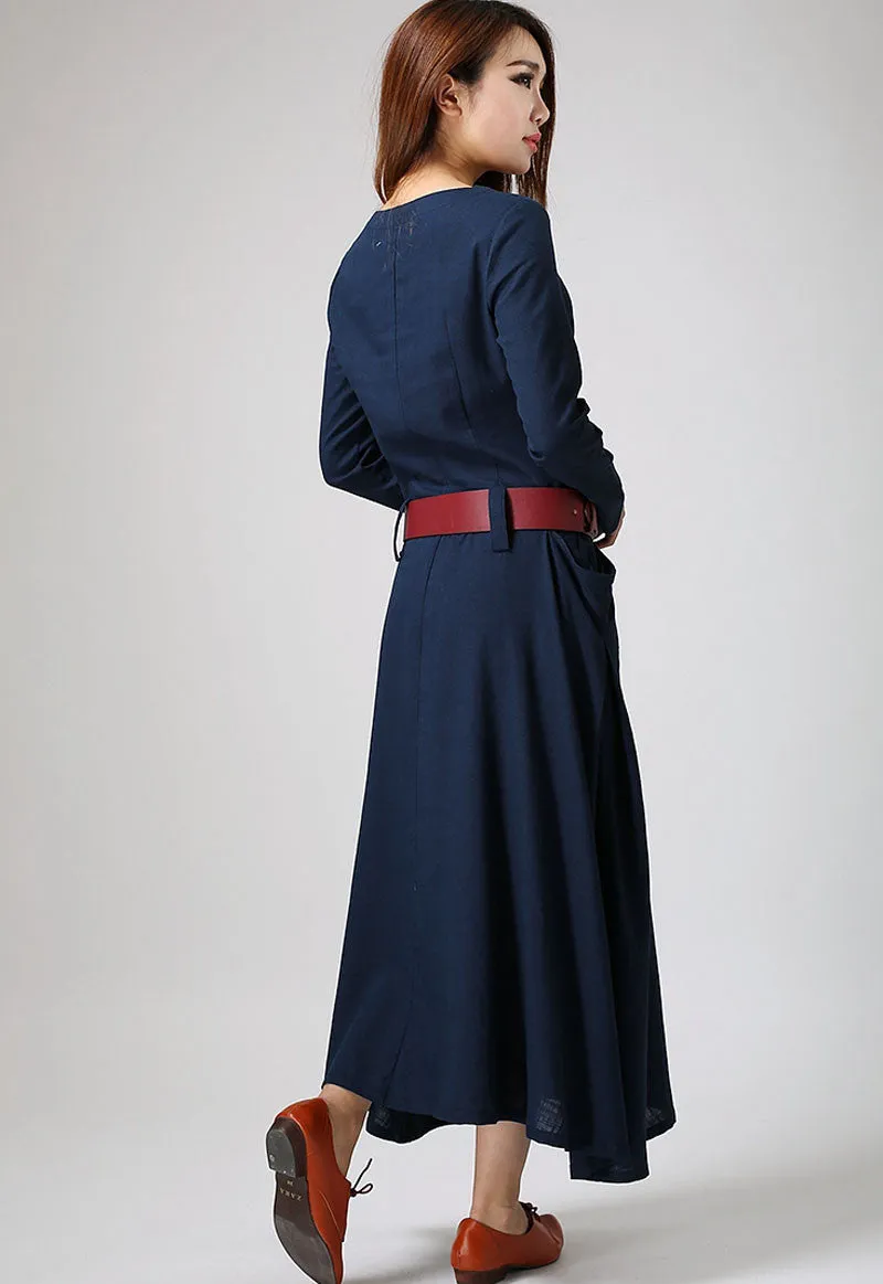 Maxi dress blue linen dress woman's long sleeve dress custom made long dress (890)