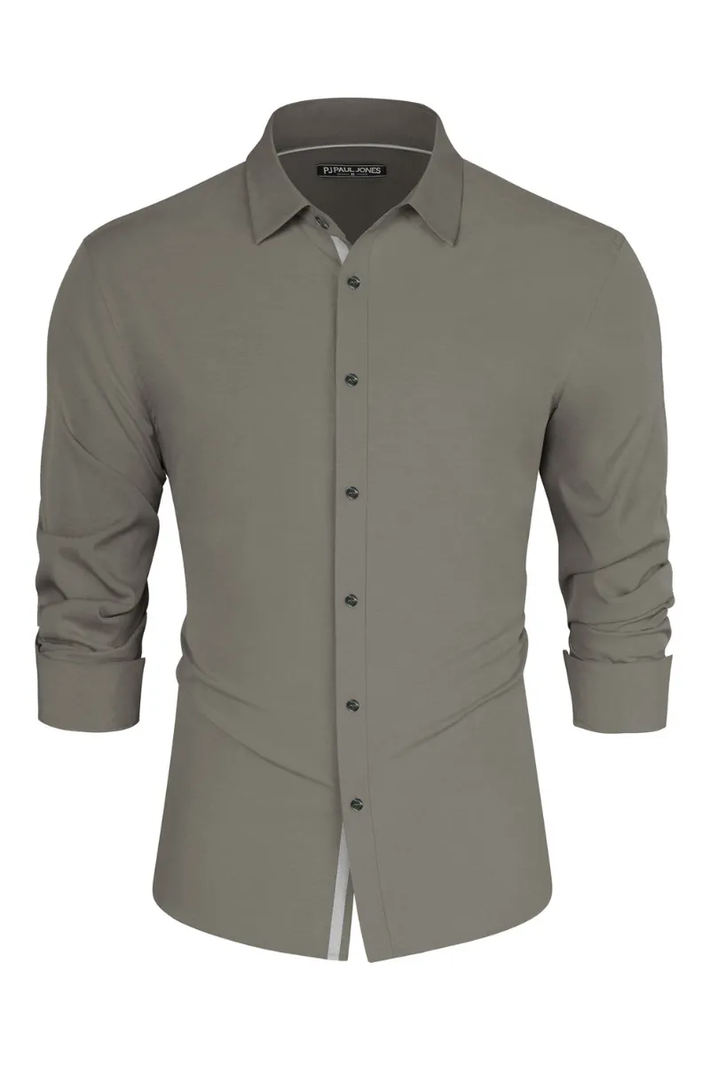 Men Classic Collar Shirt Casual Long Sleeve Curved Hem Button-up Tops