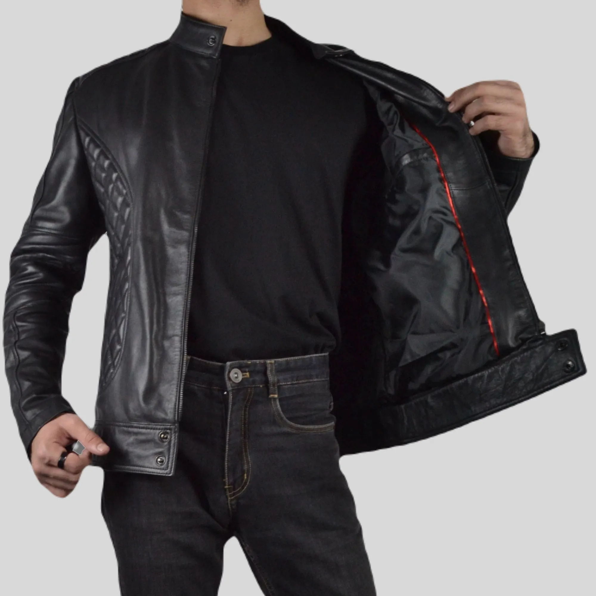 Men's Black Padded Quilted Design Motorcycle Biker Geniune Leather Jacket