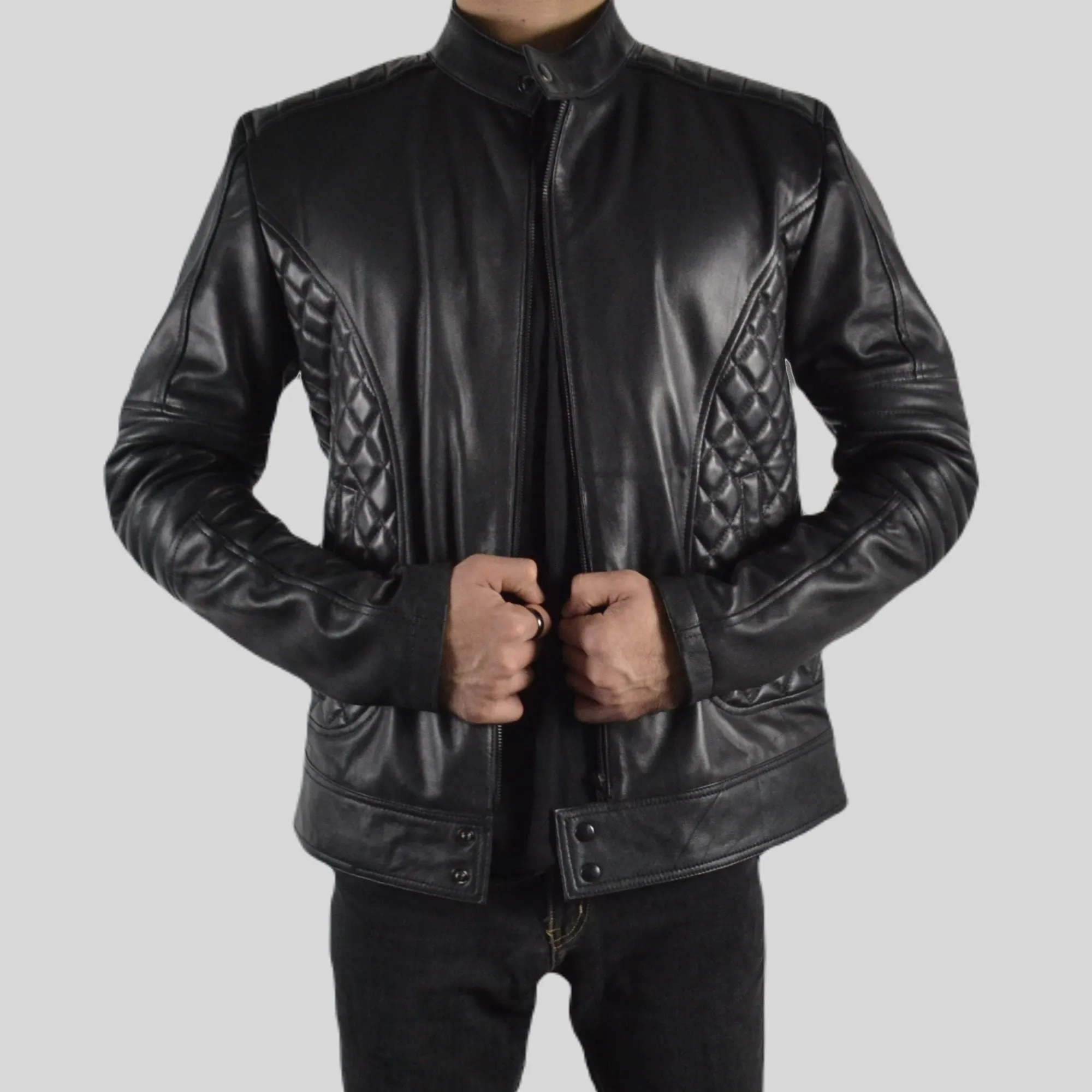 Men's Black Padded Quilted Design Motorcycle Biker Geniune Leather Jacket