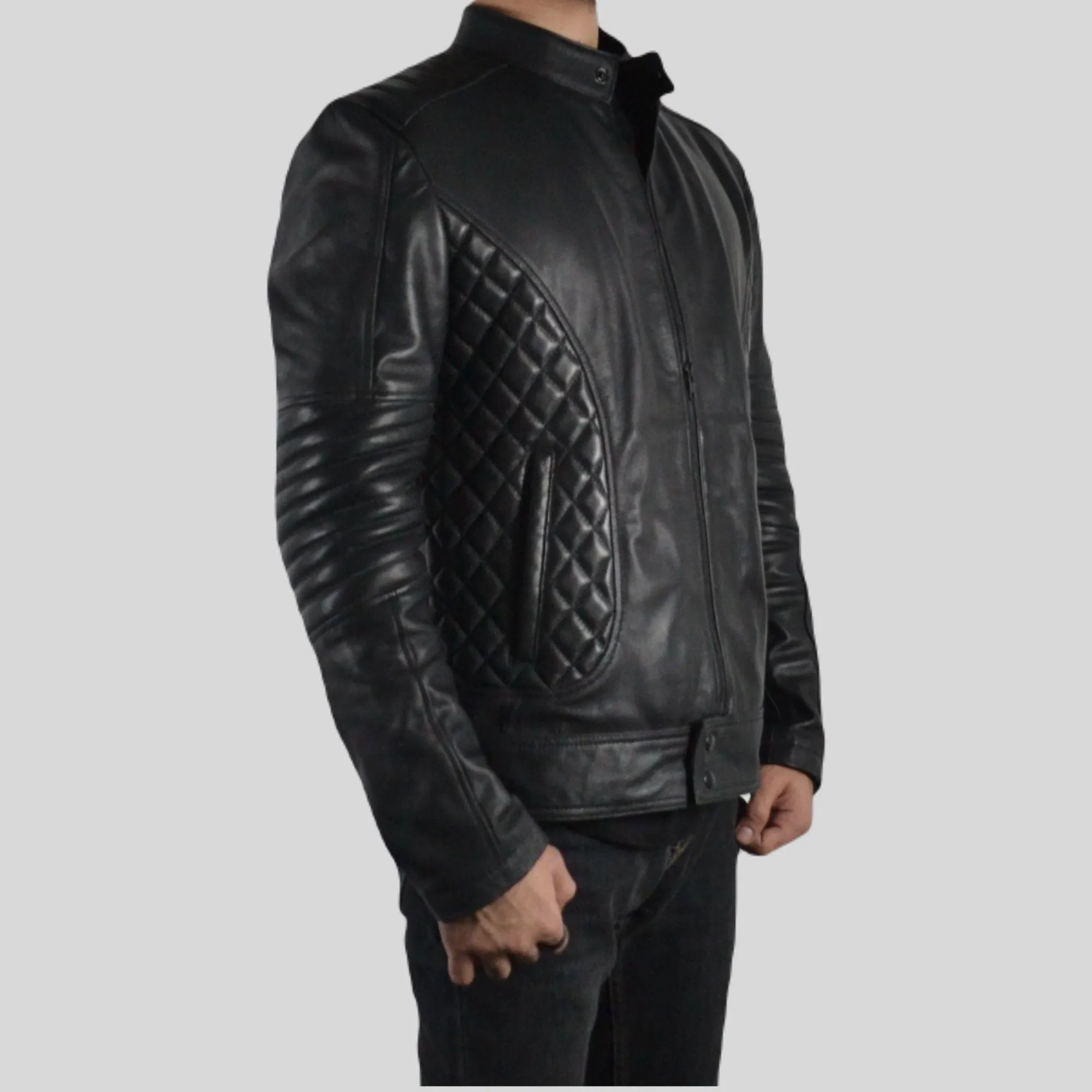 Men's Black Padded Quilted Design Motorcycle Biker Geniune Leather Jacket