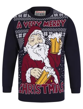 Men's Merry Santa Motif Novelty Knitted Christmas Jumper in Ink - Merry Christmas