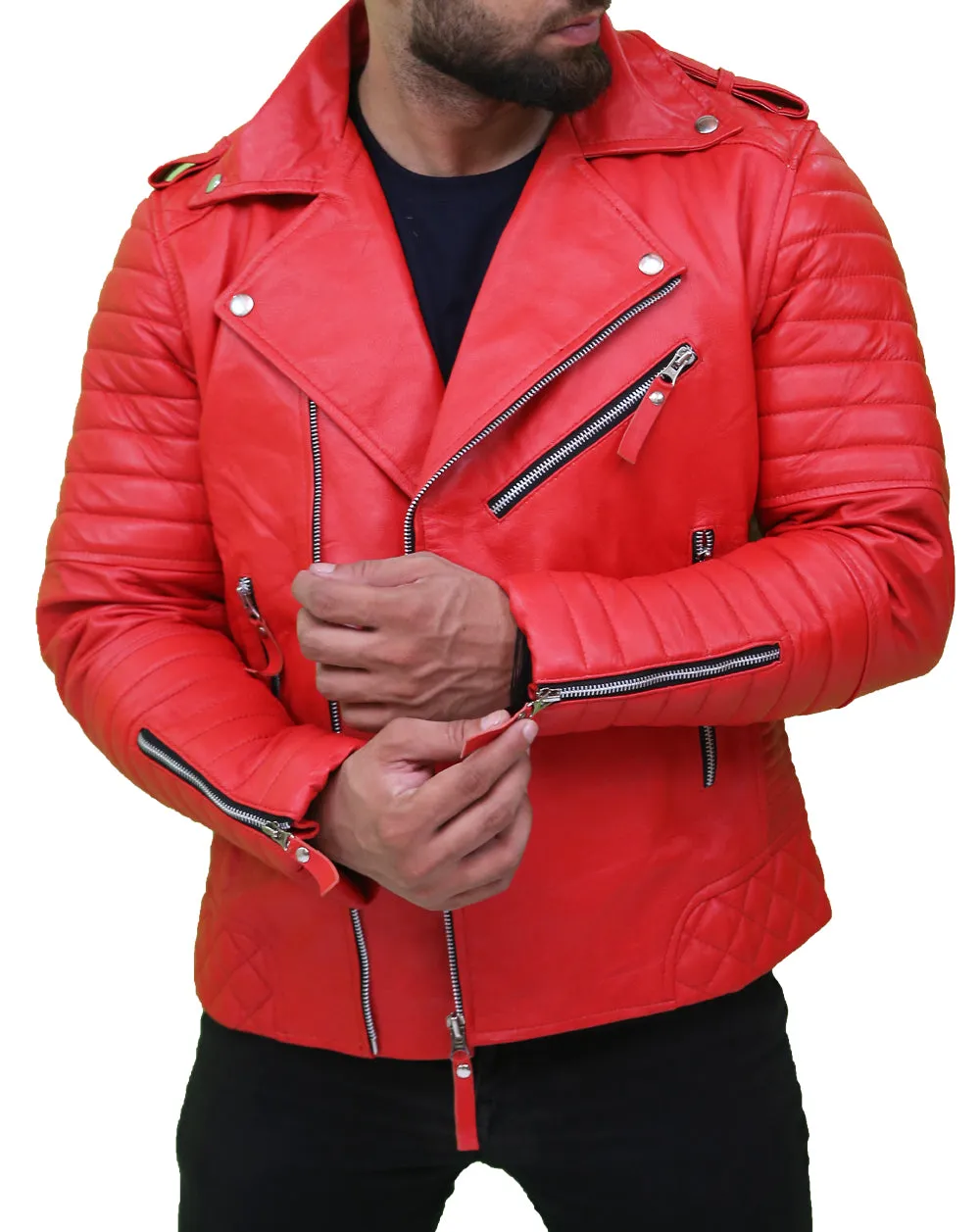 Men's Quilted Asymmetrical Red Leather Jacket