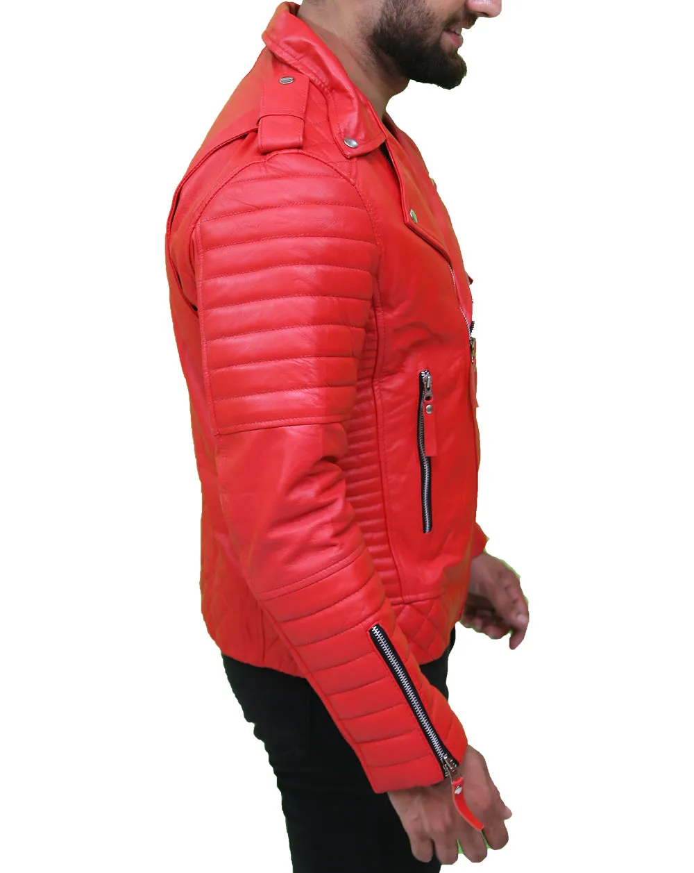 Men's Quilted Asymmetrical Red Leather Jacket