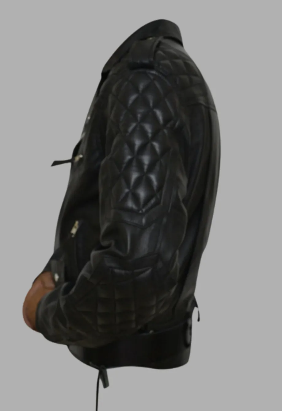 Mens Quilted Side Lace-Up Designers Biker Leather Jacket