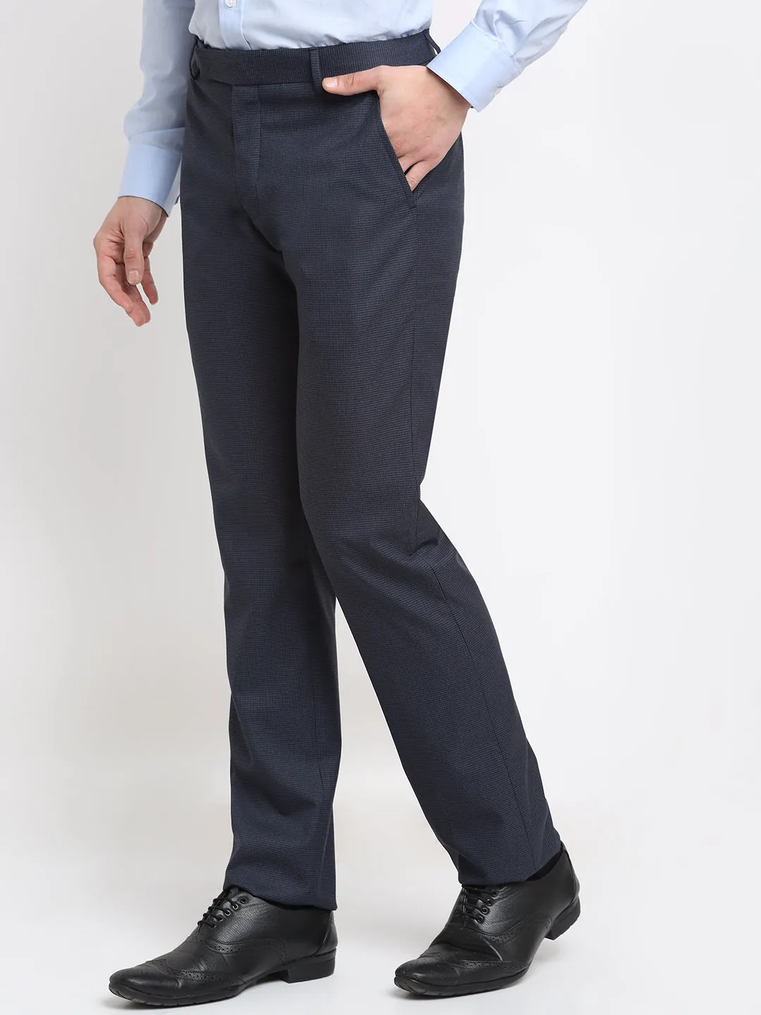 Men's Regular fit Flat front Navy Blue Houndstooth Trousers